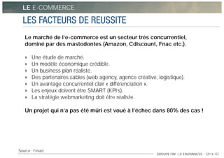 GROUPE FIM - LE EBUSINNESS - 12/14 -52
LES FACTEURS DE REUSSITE
Source : Fevad
Le marché de l’e-commerce est un secteur tr...