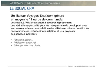 GROUPE FIM - LE EBUSINNESS - 12/14 -92
LE SOCIAL CRM
Un like sur Voyages-Sncf.com génère  
en moyenne 19 euros de commande...