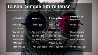 Affirmative Negative Interrogative
Interrogative
Negative
I will see I won't see Will I see? Won't I see?
*I shall see *Shall I see?
You will see You won't see Will you see? Won't you see?
He will see He won't see Will he see? Won't he see?
We will see We won't see Will we see? Won't we see?
*We shall see *Shall we see?
They will see They won't see Will they see? Won't they see?
To see: Simple future tense
The simple future tense is composed of two parts: will / shall + the infinitive without to
 