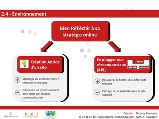 Stratégie de visibilité forte / imposer sa marque Nécessite un investissement actif dans son budget communication 2.4 - Environnement Bien Réfléchir à sa stratégie online Création AdHoc  d’un site Récupérer le traffic  des différents réseaux Partage de la visibilité avec le site support Se plugger aux  réseaux sociaux (API) Contact  : Nicolas Bermond 06 72 31 55 38 - nicolas@pme-multimedia.com - twitter : nicolas2fr 