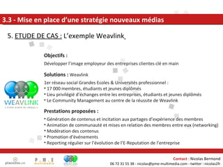 3.3 - Mise en place d’une stratégie nouveaux médias 5.  ETUDE DE CAS :  L’exemple Weavlink   Objectifs :  Développer l’image employeur des entreprises clientes clé en main Prestations proposées : Génération de contenus et incitation aux partages d’expérience des membres Animation de communauté et mises en relation des membres entre eux (networking) Modération des contenus Promotion d’événements Reporting régulier sur l’évolution de l’E-Reputation de l’entreprise Solutions :  Weavlink 1er réseau social Grandes Ecoles & Universités professionnel : 17 000 membres, étudiants et jeunes diplômés Lieu privilégié d’échanges entre les entreprises, étudiants et jeunes diplômés Le Community Management au centre de la réussite de Weavlink 