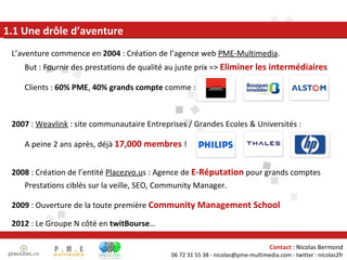 <ul><li>L’aventure commence en  2004  : Création de l’agence web  PME-Multimedia . </li></ul><ul><li>But : Fournir des pre...