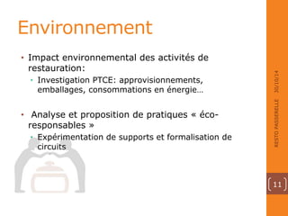 Environnement 
• Impact environnemental des activités de 
restauration: 
• Investigation PTCE: approvisionnements, 
emballages, consommations en énergie… 
• Analyse et proposition de pratiques « éco-responsables 
» 
• Expérimentation de supports et formalisation de 
circuits 
30/10/14 
RESTO PASSERELLE 
11 
 