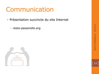 Communication 
• Présentation succincte du site Internet 
• resto-passerelle.org 
30/10/14 
RESTO PASSERELLE 
12 
 