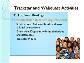 Trackstar and Webquest Activities Muliticultural Readings http://trackstar.4teachers.org/trackstar/ts/viewTrackMembersFrames.do? Students read  Children Like Me  and make cultural comparisons Draw Venn Diagrams with the similarities and differences Trackstar # 20461 