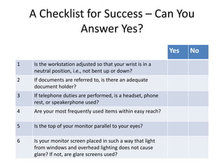 A Checklist for Success – Can You
Answer Yes?
Yes No
1 Is the workstation adjusted so that your wrist is in a
neutral position, i.e., not bent up or down?
2 If documents are referred to, is there an adequate
document holder?
3 If telephone duties are performed, is a headset, phone
rest, or speakerphone used?
4 Are your most frequently used items within easy reach?
5 Is the top of your monitor parallel to your eyes?
6 Is your monitor screen placed in such a way that light
from windows and overhead lighting does not cause
glare? If not, are glare screens used?
 