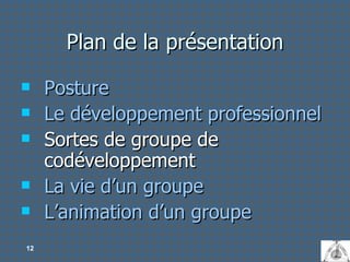 Plan de la présentation Posture Le développement professionnel Sortes de groupe de codéveloppement La vie d’un groupe L’animation d’un groupe 