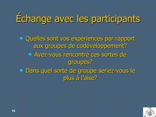 Échange avec les participants Quelles sont vos expériences par rapport aux groupes de codéveloppement? Avez-vous rencontré ces sortes de groupes? Dans quel sorte de groupe seriez-vous le plus à l’aise? 