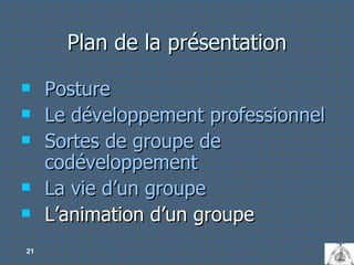 Plan de la présentation Posture Le développement professionnel Sortes de groupe de codéveloppement La vie d’un groupe L’animation d’un groupe 