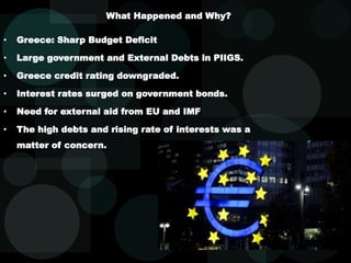 What Happened and Why?
• Greece: Sharp Budget Deficit
• Large government and External Debts in PIIGS.
• Greece credit rating downgraded.
• Interest rates surged on government bonds.
• Need for external aid from EU and IMF
• The high debts and rising rate of interests was a
matter of concern.
 