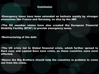 •Emergency loans have been extended as bailouts mainly by stronger
economies like France and Germany, as also by the IMF.
•The EU member states have also created the European Financial
Stability Facility (EFSF) to provide emergency loans.
•Restructuring of the debt
The US crisis led to Global financial crisis, which further spread to
Euro zone and caused Euro zone crisis, as these countries were most
affected.
Hence the Big Brothers should help the countries in problem to come
out from the crisis.
Conclusion
 