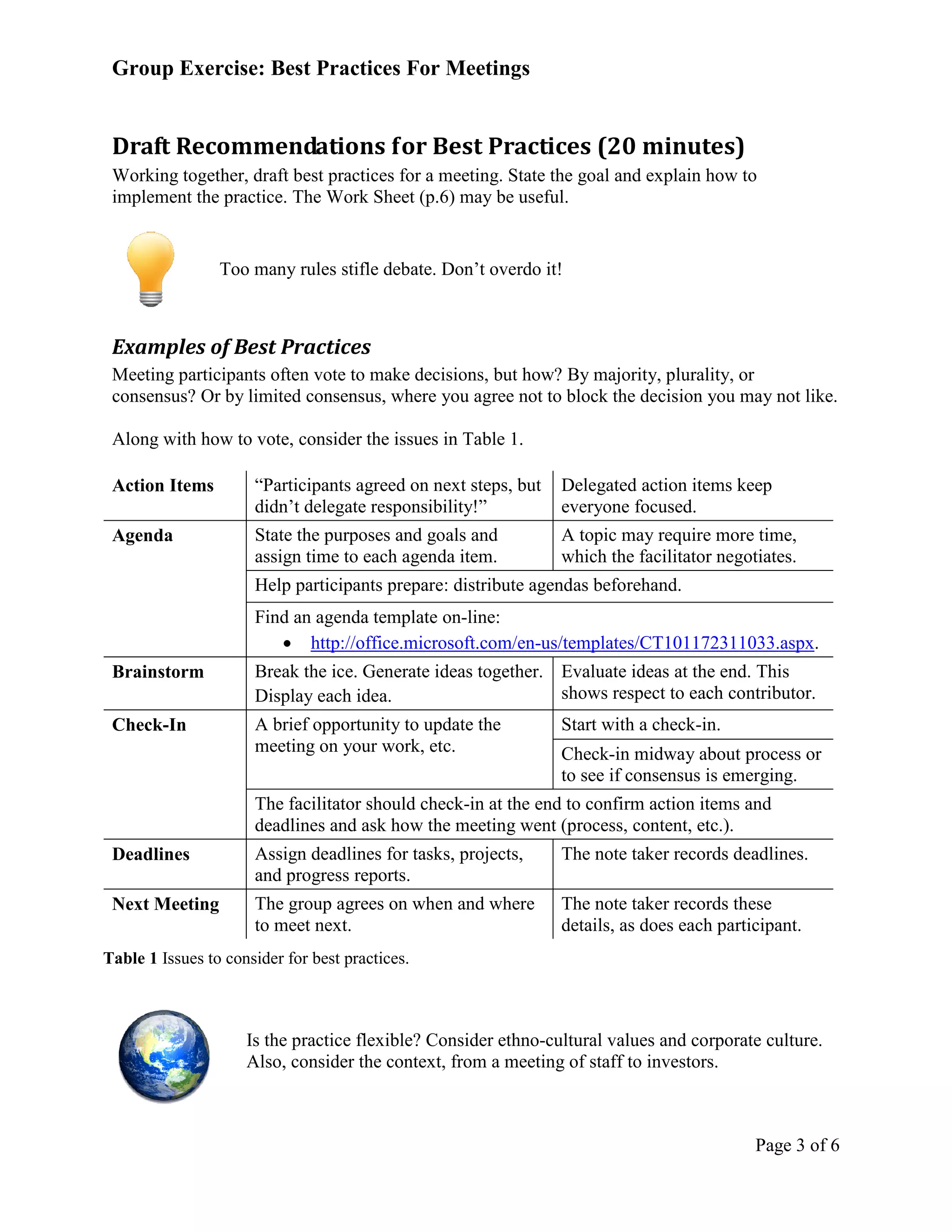 Group Exercise: Best Practices For Meetings


 Draft Recommendations for Best Practices (20 minutes)
 Working together, draft best practices for a meeting. State the goal and explain how to
 implement the practice. The Work Sheet (p.6) may be useful.


                 Too many rules stifle debate. Don’t overdo it!



 Examples of Best Practices
 Meeting participants often vote to make decisions, but how? By majority, plurality, or
 consensus? Or by limited consensus, where you agree not to block the decision you may not like.

 Along with how to vote, consider the issues in Table 1.

 Action Items         “Participants agreed on next steps, but   Delegated action items keep
                      didn’t delegate responsibility!”          everyone focused.
 Agenda               State the purposes and goals and          A topic may require more time,
                      assign time to each agenda item.          which the facilitator negotiates.
                      Help participants prepare: distribute agendas beforehand.
                      Find an agenda template on-line:
                         • http://office.microsoft.com/en-us/templates/CT101172311033.aspx.
 Brainstorm           Break the ice. Generate ideas together. Evaluate ideas at the end. This
                      Display each idea.                      shows respect to each contributor.
 Check-In             A brief opportunity to update the         Start with a check-in.
                      meeting on your work, etc.                Check-in midway about process or
                                                                to see if consensus is emerging.
                      The facilitator should check-in at the end to confirm action items and
                      deadlines and ask how the meeting went (process, content, etc.).
 Deadlines            Assign deadlines for tasks, projects,     The note taker records deadlines.
                      and progress reports.
   ext Meeting        The group agrees on when and where        The note taker records these
                      to meet next.                             details, as does each participant.
Table 1 Issues to consider for best practices.



                     Is the practice flexible? Consider ethno-cultural values and corporate culture.
                     Also, consider the context, from a meeting of staff to investors.



                                                                                           Page 3 of 6
 