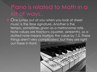    One jumps out at you when you look at sheet
    music is the time signature. Another is the
    tempo, sometimes given as a metronome rate.
    Note values are fractions (quarter, sixteenth), so a
    dotted note means multiply the value by 1.5. These
    things aren't very complicated, but they are right
    out there in front.
 