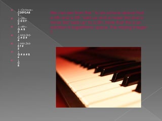    |--Octave--
    CDEFGAB
    1
                  We can see from the " to an octave above that
   |--5th--      a 4th and a 5th "add up and a major 3rd and a
    CDEF
    2             minor 3rd "add up" to a 5th. Note that this is an
   |--4th--
    GAB
                  addition in logarithmic space. The missing integer
    3             7.
   |-Maj.3rd-
    C#D#
    4
   |-Min.3rd-
    EF#
    5
   |
    G#A#B
    6
   |
    C
    8
 