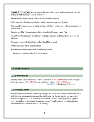 ENVIRONMENTAL: During chemical testing of footwear and components, harmful
and restricted chemicals should be avoided.
Material used in production should be environment friendly.
Other than that, Environmental rules and regulations must be followed.
LEGAL: Company needs to make sure that it follows certain laws which are general in
nature such as
Custom act, The Companies Act, Provision of the Contract Labor Act.
Apart from that company must ensure that regional rules and regulations does not get
violated.
Necessary approvals from local bodies should be in hand.
Other legal factors that can affect are:
•Introduction of stricter custom & trade regulations
•Licensing regulations related to the industry.
2.2 Market Analysis
2.2.1 Industry Size
In value terms, Indian footwear sector is estimated at Rs. 50,000 crore which includes
domestic market of Rs. 32,000 crore and export market of Rs.18,000 crore
SOURCE: ICRA Research Service
2.2.2 Industry Trends
Rise in disposable income, especially amongst the lower- and middle-income classes, is
still allowing consumers to increase their footwear purchases, mostly towards more
added-value products. The economic scenario also started showing positive signs of
recovery leading to consumers increasing spend. Therefore, there is a huge scope or
formalization and consolidation in the industry.
5
 