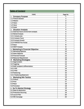 Table of Content
TOPIC Page No.
1 Company Purpose 1
1.1 Product Solution 1
1.2 Mission 2
1.3 Vision 2
1.4 Value 2
1.5 Goals 2
2 Situation Analysis 4
2.1 External/macro environment analysis 4
2.2 Market Analysis 5
2.2.1 Industry size 5
2.2.2 Industry Trend 5
2.2.3 Industry Growth 6
2.2.4 PORTER Five Forces 7
2.3 Issue 8
2.4 SWOT Analysis 8
3 Marketing & Financial Objective 10
3.1 Marketing Objective 10
3.2 Sales Objective 11
3.3 Financial Forecast 12
3.4 Resource Requirement 12
4 Marketing Strategies 13
4.1 Segmentation 13
4.2 Targeting 13
4.3 GAAP analysis & differentiation 13
4.3.1 POP 14
4.3.2 POD 15
4.4 Positioning 15
4.4.1 Positioning Statement 15
5 Marketing Mix Tactics 16
5.1 Product 16
5.2 Price 17
5.3 Place 18
5.4 Promotion 18
6 Go-To Market Strategy 19
6.1 Sales & distribution 19
6.2 Production/Sourcing 19
6.3 Launch Plan 20
6.4 IMC Campaign 20
 