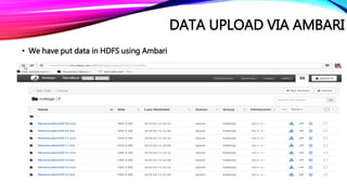 DATA UPLOAD VIA AMBARI
• We have put data in HDFS using Ambari
 