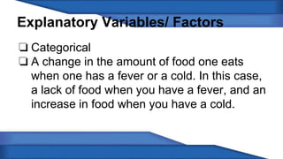 Explanatory Variables/ Factors 
❏ Categorical 
❏ A change in the amount of food one eats 
when one has a fever or a cold. In this case, 
a lack of food when you have a fever, and an 
increase in food when you have a cold. 
 