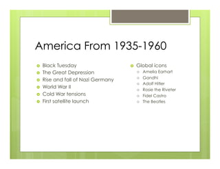 America From 1935-1960
›    Black Tuesday                   ›    Global icons
›    The Great Depression                  ›    Amelia Earhart
                                                  Gandhi
›    Rise and fall of Nazi Germany         › 
                                            ›    Adolf Hitler
›    World War II
                                            ›    Rosie the Riveter
›    Cold War tensions                     ›    Fidel Castro
›    First satellite launch                ›    The Beatles
 