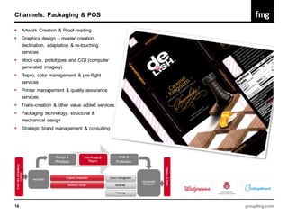 Channels: Packaging & POS

    Artwork Creation & Proof-reading
    Graphics design – master creation,
     declination, adaptation & re-touching
     services
    Mock-ups, prototypes and CGI (computer
     generated imagery)
    Repro, color management & pre-flight
     services
    Printer management & quality assurance
     services
    Trans-creation & other value added services
    Packaging technology, structural &
     mechanical design
    Strategic brand management & consulting




16                                                 groupfmg.com
 