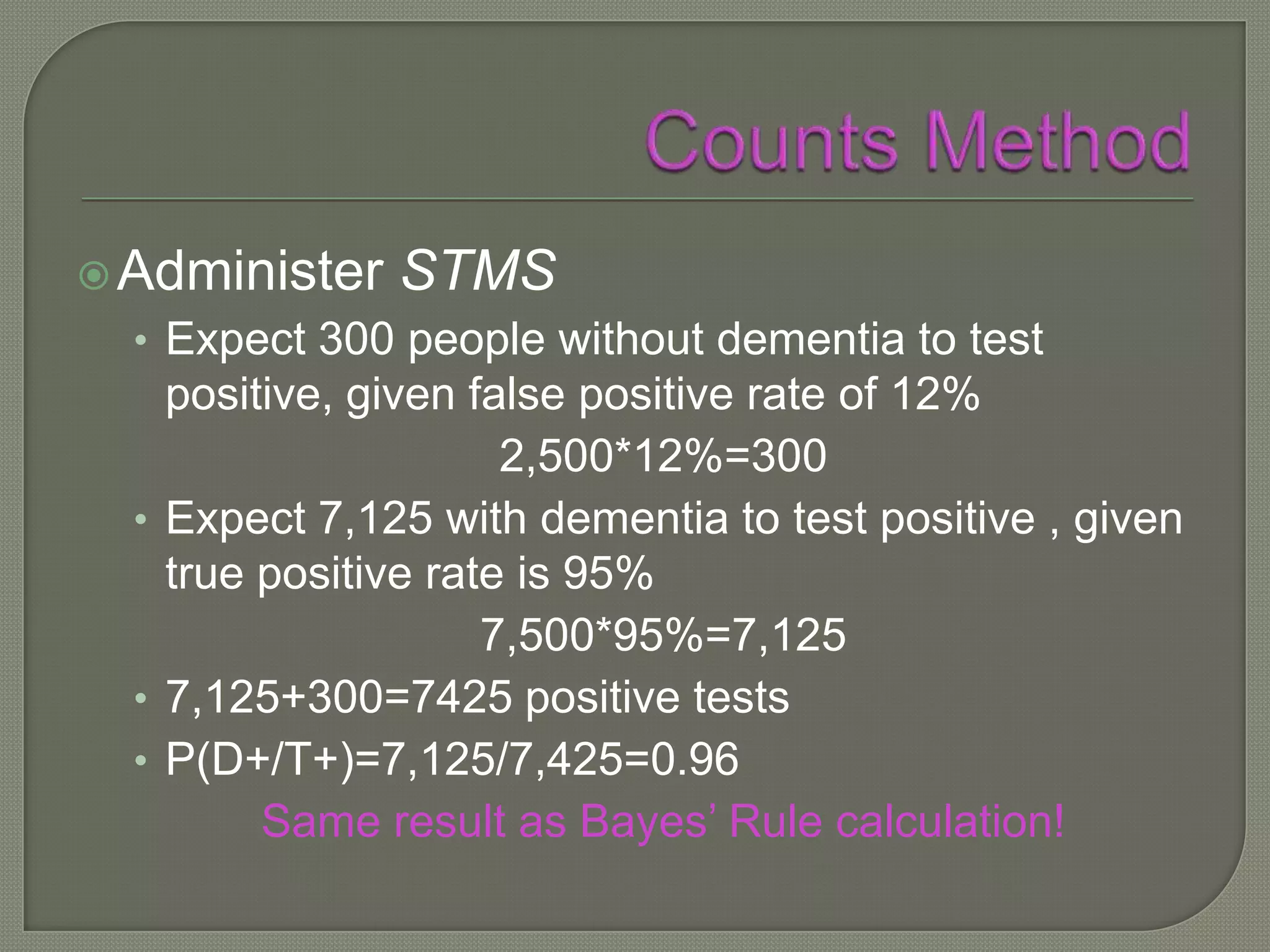  Administer   STMS
  • Expect 300 people without dementia to test
    positive, given false positive rate of 12%
                      2,500*12%=300
  • Expect 7,125 with dementia to test positive , given
    true positive rate is 95%
                     7,500*95%=7,125
  • 7,125+300=7425 positive tests
  • P(D+/T+)=7,125/7,425=0.96
         Same result as Bayes’ Rule calculation!
 