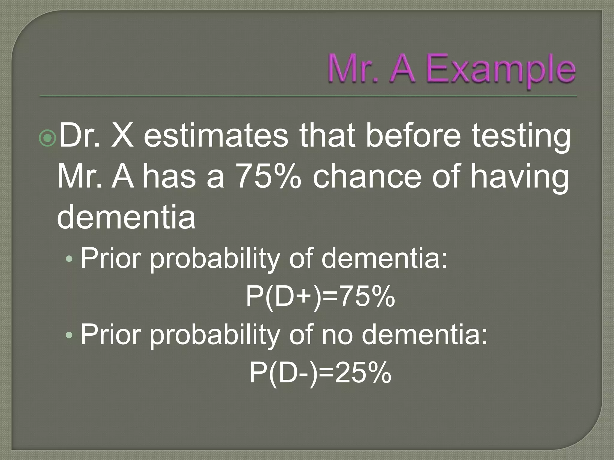 Dr. X estimates that before testing
 Mr. A has a 75% chance of having
 dementia
 • Prior probability of dementia:
                P(D+)=75%
 • Prior probability of no dementia:
                 P(D-)=25%
 