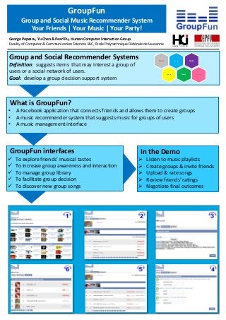 GroupFun
       Group and Social Music Recommender System
          Your Friends | Your Music | Your Party!
George Popescu, Yu Chen & Pearl Pu, Human Computer Interaction Group
Faculty of Computer & Communication Sciences I&C, École Polytechnique Fédérale de Lausanne


Group and Social Recommender Systems                                                   Music            Movies          Books

Definition: suggests items that may interest a group of
users or a social network of users.                                                            Events            News           Articles

Goal: develop a group decision support system



What is GroupFun?
•   A Facebook application that connects friends and allows them to create groups
•   A music recommender system that suggests music for groups of users
•   A music management interface



GroupFun interfaces                                                         In the Demo
   To explore friends’ musical tastes                                         Listen to music playlists
   To increase group awareness and interaction                                Create groups & invite friends
   To manage group library                                                    Upload & rate songs
   To facilitate group decision                                               Review friends’ ratings
   To discover new group songs                                                Negotiate final outcomes
 
