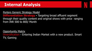 Internal Analysis
Porters Generic Strategy Model
Differentiation Strategy - Targeting broad affluent segment
through their quality content and original shows with price ranging
from INR 500 to 800/ Month
Opportunity Matrix
Diversification - Entering Indian Market with a new product. Smart
TV, Gaming
 