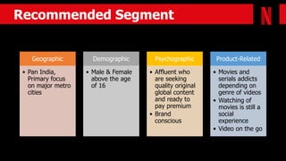 Geographic
• Pan India,
Primary focus
on major metro
cities
Demographic
• Male & Female
above the age
of 16
Psychographic
• Affluent who
are seeking
quality original
global content
and ready to
pay premium
• Brand
conscious
Product-Related
• Movies and
serials addicts
depending on
genre of videos
• Watching of
movies is still a
social
experience
• Video on the go
Recommended Segment
 