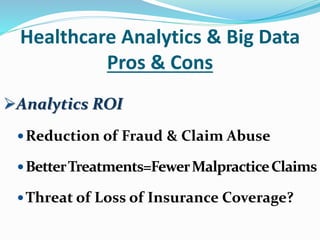 Healthcare Analytics & Big Data
Pros & Cons
Analytics ROI
Reduction of Fraud & Claim Abuse
BetterTreatments=FewerMalpracticeClaims
Threat of Loss of Insurance Coverage?
 