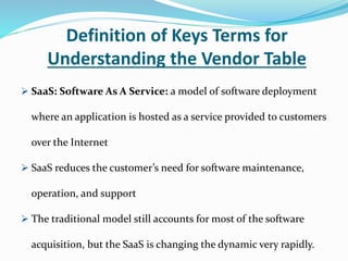 Definition of Keys Terms for
Understanding the Vendor Table
 SaaS: Software As A Service: a model of software deployment
where an application is hosted as a service provided to customers
over the Internet
 SaaS reduces the customer’s need for software maintenance,
operation, and support
 The traditional model still accounts for most of the software
acquisition, but the SaaS is changing the dynamic very rapidly.
 