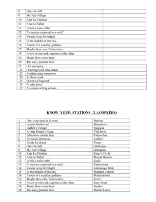 8 Over the hill
9 My Fair Village
10 Raja ka Chakkar
11 Alla ho Akbar
12 Is this a male crab?
13 A creature captured in a rock?
14 Swaraj is my birthright.
15 In the middle of the city
16 Abode of a wealthy goddess
17 Maybe they train Tailors here.
18 Arrow at one end, segment at the other
19 Music flows from here
20 The navy parades here
21 Hot and spicy
22 Ordering a tea time snack
23 Brother come tomorrow
24 A Dusty road
25 Queen of England
26 A salty place
27 A women selling onions
KNOW YOUR STATIONS –2 (ANSWERS)
1 Hey, your head is in curd Dahisar
2 Is your brother in? Bhayander
3 Barber’s Village Naigaon
4 A little French village Vile Parle
5 Education resides here Vidyavihar
6 Perpetual Darkness Andheri
7 Pandu ka tikana Thane
8 Over the hill Ghatkopar
9 My Fair Village Goregaon
10 Raja ka Chakkar King’s Circle
11 Alla ho Akbar Masjid Bunder
12 Is this a male crab? Kurla
13 A creature captured in a rock? Elphinstone
14 Swaraj is my birthright. Lokmanya Tilak
15 In the middle of the city Mumbai Central
16 Abode of a wealthy goddess Mahalakshmi
17 Maybe they train Tailors here. Sewri
18 Arrow at one end, segment at the other Reay Road
19 Music flows from here Bandra
20 The navy parades here Marine Lines
 