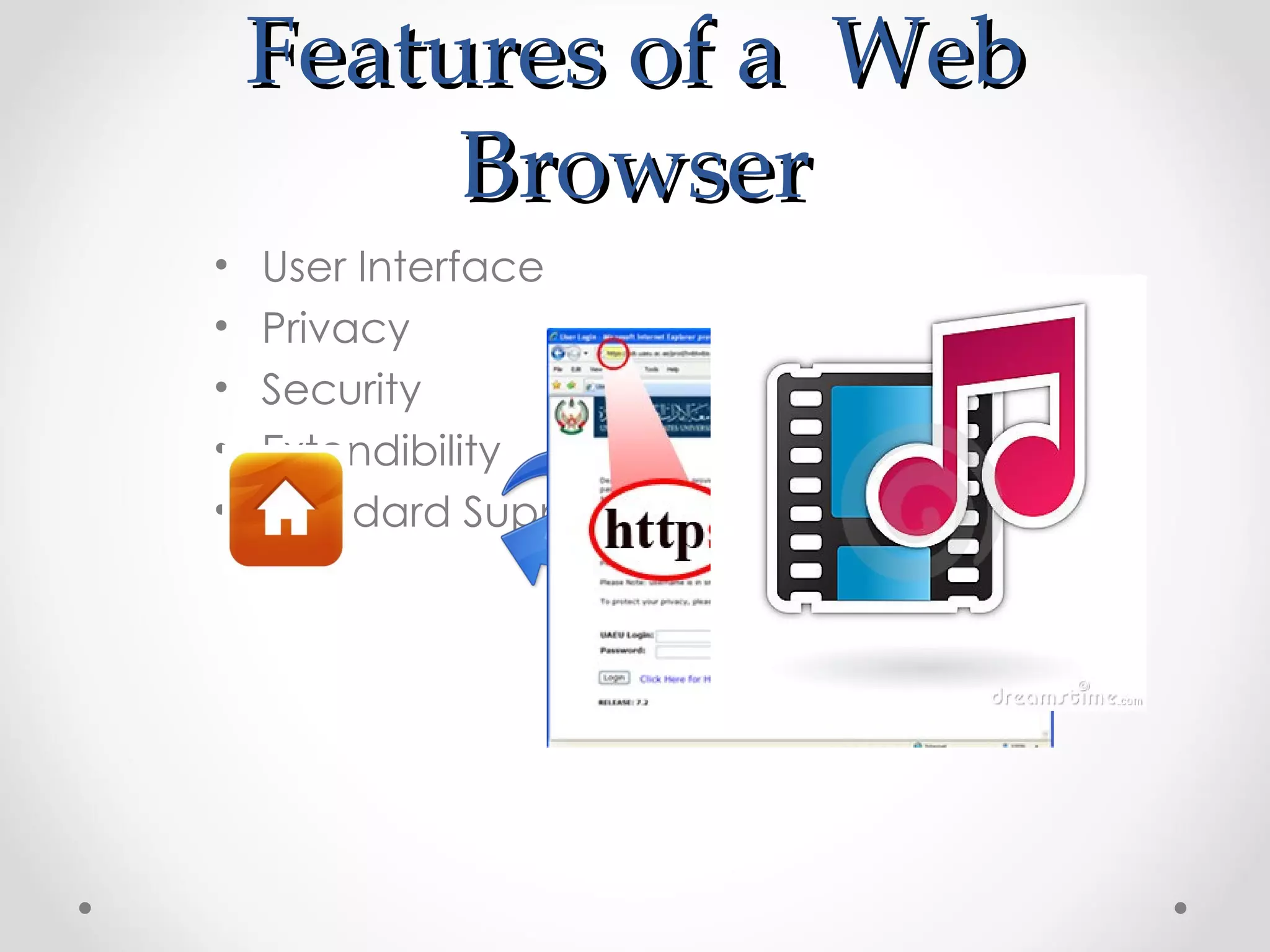 Features of a Web
         Browser
•   User Interface
•   Privacy
•   Security
•   Extendibility
•   Standard Support
 