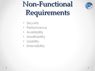 Non-Functional
 Requirements
•   Security
•   Performance
•   Availability
•   Modifiability
•   Usability
•   Extendibility
 