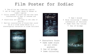 Film Poster for Zodiac
• Use of low key lighting- typical
• Set at night time- sense of danger at
night= typical
• Colour scheme of black and red that have
connotations of fear of unknown and
death.
• Black blue and red links to the idea of
police.
• Red has connotations of blood that could
be at a crime scene which is a
stereotypical narrative in crime thrillers
• Characters faces
• Same name style
as all other
posters
• Use of bridge
• Same colouring
• Red = blood
• Blue colouring = common
convention of thriller
• Same font for titles
• Use of bridge
 