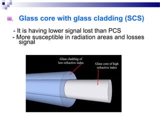iii. Glass core with glass cladding (SCS)
- It is having lower signal lost than PCS
- More susceptible in radiation areas and losses
signal
 