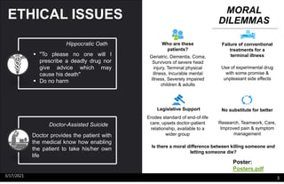 ETHICAL ISSUES
3
3/17/2021
MORAL
DILEMMAS
2
Hippocratic Oath
 "To please no one will I
prescribe a deadly drug nor
give advice which may
cause his death"
 Do no harm
Doctor-Assisted Suicide
Doctor provides the patient with
the medical know how enabling
the patient to take his/her own
life
Is there a moral difference between killing someone and
letting someone die?
Geriatric, Dementia, Coma,
Survivors of severe head
injury, Terminal physical
illness, Incurable mental
illness, Severely impaired
children & adults
Who are these
patients?
Legislative Support
Erodes standard of end-of-life
care, upsets doctor-patient
relationship, available to a
wider group
No substitute for better
Research, Teamwork, Care,
Improved pain & symptom
management
Failure of conventional
treatments for a
terminal illness
Use of experimental drug
with some promise &
unpleasant side effects
Poster:
Posters.pdf
 