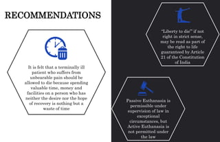 RECOMMENDATIONS
Passive Euthanasia is
permissible under
supervision of law in
exceptional
circumstances, but
Active Euthanasia is
not permitted under
the law
“Liberty to die”’ if not
right in strict sense,
may be read as part of
the right to life
guaranteed by Article
21 of the Constitution
of India
It is felt that a terminally ill
patient who suffers from
unbearable pain should be
allowed to die because spending
valuable time, money and
facilities on a person who has
neither the desire nor the hope
of recovery is nothing but a
waste of time
Passive Euthanasia is
permissible under supervision of
law in exceptional
circumstances, but Active
 