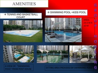  TENNIS AND BASKETBALL
COURT
 SWIMMING POOL +KIDS POOL
A VIEW OF “SWIMMING
POOL” FROM PENT HOUSE
SITTING AREA PROVIDED BY SWIMMING POOL
AREA:
23.5 M X
10 M
AMENITIES
 