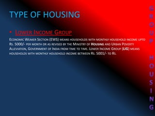 TYPE OF HOUSING
• LOWER INCOME GROUP
ECONOMIC WEAKER SECTION (EWS) MEANS HOUSEHOLDS WITH MONTHLY HOUSEHOLD INCOME UPTO
RS. 5000/- PER MONTH OR AS REVISED BY THE MINISTRY OF HOUSING AND URBAN POVERTY
ALLEVIATION, GOVERNMENT OF INDIA FROM TIME TO TIME. LOWER INCOME GROUP (LIG) MEANS
HOUSEHOLDS WITH MONTHLY HOUSEHOLD INCOME BETWEEN RS. 5001/- TO RS.
 