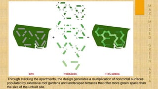 Through stacking the apartments, the design generates a multiplication of horizontal surfaces
populated by extensive roof gardens and landscaped terraces that offer more green space than
the size of the unbuilt site.
 