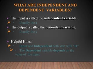 WHAT ARE INDEPENDENT AND
DEPENDENT VARIABLES?
 The input is called the independent variable.
 ▫ Usually the x
 The output is called the dependent variable.
 ▫ Usually the y
 Helpful Hints:
 ▫ Input and Independent both start with “in”
 ▫ The Dependent variable depends on the
value of the input
 