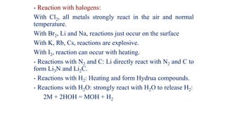 - Reaction with halogens:
With Cl2, all metals strongly react in the air and normal
temperature.
With Br2, Li and Na, reactions just occur on the surface
With K, Rb, Cs, reactions are explosive.
With I2, reaction can occur with heating.
- Reactions with N2 and C: Li directly react with N2 and C to
form Li3N and Li2C.
- Reactions with H2: Heating and form Hydrua compounds.
- Reactions with H2O: strongly react with H2O to release H2:
2M + 2HOH = MOH + H2
 