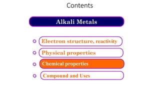 Alkali Metals
Electron structure, reactivity
Compound and Uses
Physical properties
Contents
Chemical properties
9
 
