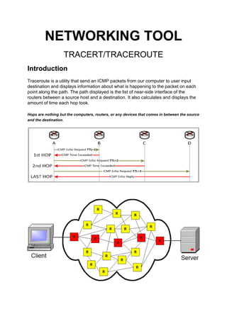 NETWORKING TOOL
TRACERT/TRACEROUTE
Introduction
Traceroute is a utility that send an ICMP packets from our computer to user input
destination and displays information about what is happening to the packet on each
point along the path. The path displayed is the list of near-side interface of the
routers between a source host and a destination. It also calculates and displays the
amount of time each hop took.
Hops are nothing but the computers, routers, or any devices that comes in between the source
and the destination.
 