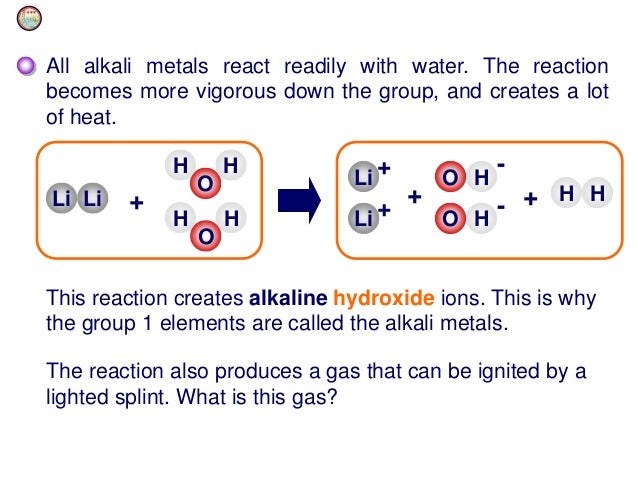chemistry of alkali metals manik alkali metals react violently with water to form metal ions hydroxide ions and what substance