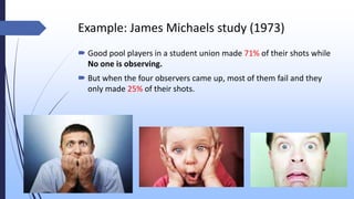 Example: James Michaels study (1973)
 Good pool players in a student union made 71% of their shots while
No one is observing.
 But when the four observers came up, most of them fail and they
only made 25% of their shots.
 