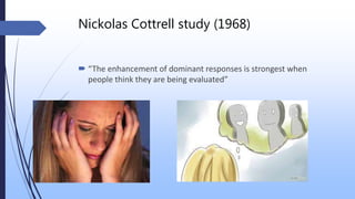 Nickolas Cottrell study (1968)
 “The enhancement of dominant responses is strongest when
people think they are being evaluated”
 