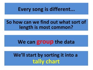 Every song is different...
So how can we find out what sort of
length is most common?
We’ll start by sorting it into a
tally chart
We can group the data
 