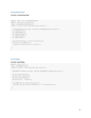 6
LinkedHashSet
Contoh LinkedHashSet
import java.util.LinkedHashSet;
import java.util.Iterator;
class LinkedHashSetContoh{
public static void main(String args[]){
LinkedHashSet<String> al=new LinkedHashSet<String>();
al.add("Anto");
al.add("Budi");
al.add("Cecep");
al.add("Dudi");
al.add("Eka");
Iterator<String> itr=al.iterator();
while(itr.hasNext()){
System.out.println(itr.next());
}
}
}
HashMap
Contoh HashMap
import java.util.*;
class HashMapContoh{
public static void main(String args[]){
HashMap<Integer,String> hm=new HashMap<Integer,String>();
hm.put(100,"Kano");
hm.put(101,"Laila");
hm.put(102,"Badu");
hm.put(null, "Johan");
for(Map.Entry m:hm.entrySet()){
System.out.println(m.getKey()+" "+m.getValue());
}
}
}
 